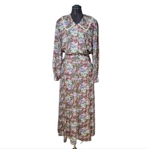 M Vintage Multicolor Floral Skirt Set Lace Collar Rayon